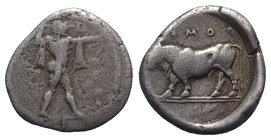 Northern Lucania, Poseidonia, c. 445-420 BC. AR Stater (20mm, 7.88g, 3h). Poseidon advancing r., wielding trident overhead. R/ Bull standing l. within...
