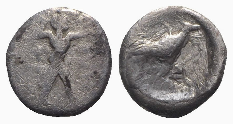 Northern Lucania, Poseidonia, c. 445-420 BC. AR Diobol (9mm, 1.13g, 3h). Poseido...