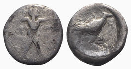 Northern Lucania, Poseidonia, c. 445-420 BC. AR Diobol (9mm, 1.13g, 3h). Poseidon walking r., wielding trident. R/ Bull standing r. HNItaly 1119; SNG ...