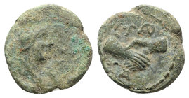Northern Lucania, Paestum, c. 90-44 BC. Æ Semis (14.5mm, 3.38g, 6h). Helmeted and draped male bust r. R/ Clasped r. hands. Crawford 32; HNItaly 1250; ...
