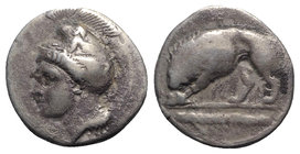 Northern Lucania, Velia, c. 334-300 BC. AR Didrachm (21mm, 7.21g, 9h). Helmeted head of Athena l., helmet decorated with sphinx. R/ Lion standing l., ...