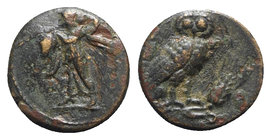 Southern Lucania, Metapontion, c. 225-200(?) BC. Æ (14mm, 2.78g, 11h). Athena Alkedeimos advancing l. R/ Owl standing r., head facing on grain ear. Jo...