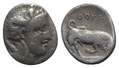 Southern Lucania, Thourioi, c. 400-350 BC. AR Triobol (10mm, 1.18g, 7h). Helmeted head of Athena r., helmet decorated with Skylla holding trident. R/ ...