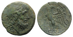 Bruttium, The Brettii, c. 211-208 BC. Æ Unit (22mm, 7.24g, 3h). Laureate head of Zeus r.; dagger to l. R/ Eagle standing l., head r., with wings sprea...