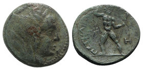 Bruttium, Petelia, late 3rd century BC. Æ (21mm, 6.37g, 6h). Veiled head of Demeter r., wearing wreath of grain ears. R/ Zeus standing facing, head r....