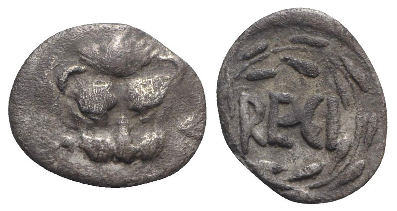 Bruttium, Rhegion, c. 445-435 BC. AR Litra (11mm, 0.63g, 3h). Facing lion’s scal...
