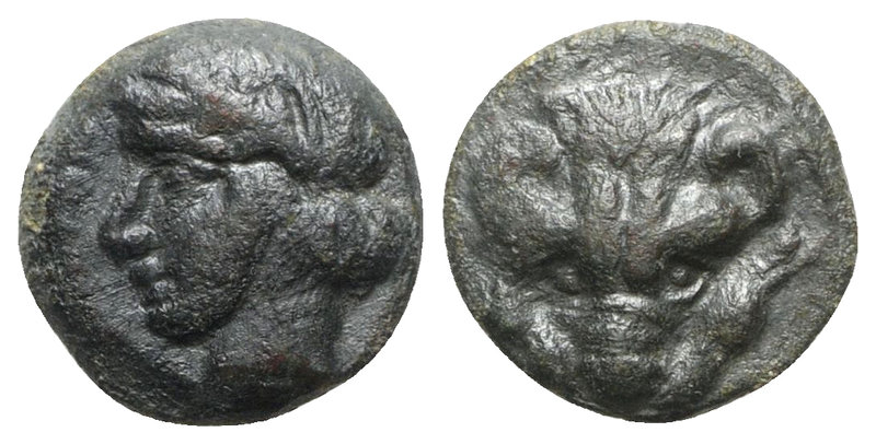 Bruttium, Rhegion, c. 415/0-387 BC. Æ (10mm, 1.35g, 1h). Facing lion's scalp. R/...