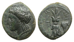 Sicily, Alaisa Archonidea, c. 325-317 BC. Æ Hexas (17mm, 3.64g, 6h). Laureate head of Apollo Archagetas l. R/ Thunderbolt; H to l., grapes to r. Campa...