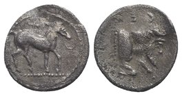 Sicily, Gela, c. 465-450 BC. AR Litra (10.5mm, 0.72g, 11h). Horse advancing r.; wreath above. R/ Forepart of man-headed bull r. Jenkins, Gela, Group I...
