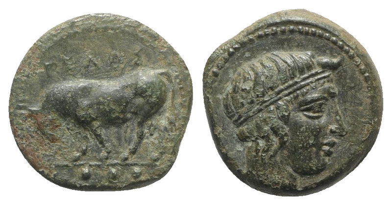 Sicily, Gela, c. 420-405 BC. Æ Tetras or Trionkion (16mm, 3.68g, 9h). Bull stand...