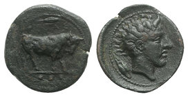 Sicily, Gela, c. 420-405 BC. Æ Tetras or Trionkion (17mm, 3.79g, 9h). Bull standing r.; leaf above. R/ Horned head of Gelas r. CNS III, 18; SNG ANS 11...