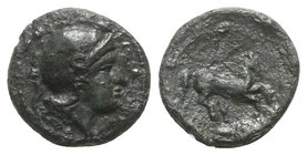 Sicily, Kamarina, c. 339-317 BC. Æ (16mm, 3.13g, 7h). Helmeted head of Athena r. R/ Horse rearing r. on grain ear. CNS III, 43; SNG ANS -; HGC 2, 556....