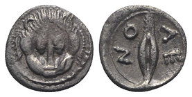 Sicily, Leontinoi, c. 476-466 BC. AR Litra (8mm, 0.65g, 9h). Facing lion’s scalp. R/ Barley grain. SNG ANS 215; HGC 2, 687. Good VF