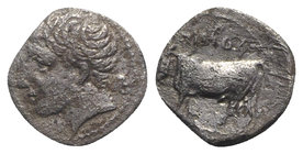 Sicily, Panormos as Ziz, c. 405-380 BC. AR Litra (8mm, 0.61g, 6h). Male head l. R/ Man-headed bull standing l. ; SNG ANS -; HGC 2, 1047. Porous, near ...