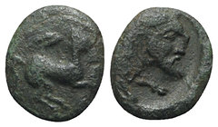 Sicily, Panormos as Ziz, c. 336-330 BC. Æ (12mm, 1.47g, 12h). Horse galloping r.; grain-ear above. R/ Forepart of man-headed bull r. CNS I, 10; HGC 2,...