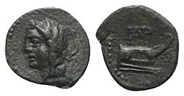 Sicily, Panormos, 2nd-1st century BC. Æ (12mm, 1.96g, 9h). Veiled head of Demeter l.; plow behind. R/ Prow of galley r.; monogram above. CNS I, 41; SN...