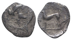Sicily, Segesta, c. 412-400 BC. AR Hemilitron or Hexionkion (11mm, 0.47g, 1h). Head of Aigiste r. R/ Hound standing l.; [volute to l.]. Hurter K 31; H...