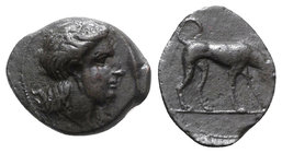 Sicily, Segesta, c. 390-380 BC. Æ Tetras (19mm, 4.17g, 3h). Head of nymph r. R/ Hound standing r., head lowered. CNS I, 46; HGC 2, 1200. Good VF