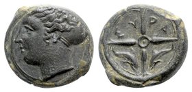 Sicily, Syracuse, c. 415-405 BC. Æ Hemilitron (15mm, 4.06g, 6h). Head of Arethusa l., hair in sphendone. R/ Wheel of four spokes; dolphins in lower qu...