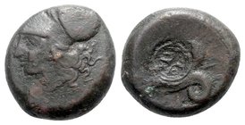 Sicily, Syracuse, c. 375-344 BC. Æ Hemilitron (16mm, 5.60g, 9h). Head of Athena l., wearing Corinthian helmet. R/ Hippocamp l.; c/m: four-spoked wheel...