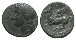 Sicily, Syracuse, 344-317 BC. Æ (17mm, 5.46g, 3h). Laureate head of Apollo l.; helmet(?) behind. R/ Pegasos flying l.; monogram above. CNS 86 DS 46 R ...