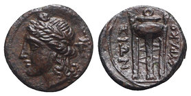 Sicily, Syracuse. Roman rule, after 212 BC. Æ (10.5mm, 1.46g, 7h). Laureate head of Apollo l.; cornucopia behind. R/ Tripod. CNS II, 212; SNG ANS 1078...