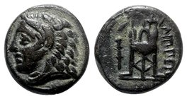 Macedon, Philippoi, c. 356-345 BC. Æ (15.5mm, 5.25g, 5h). Head of Herakles l., wearing lion skin. R/ Tripod; to l., corn-grain(?) above club. SNG ANS ...
