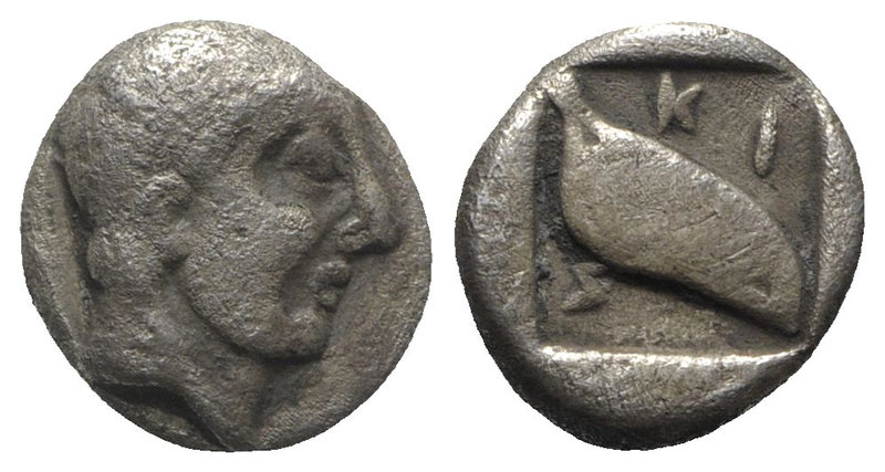 Macedon, Skione, c. 480-450 BC. AR Tetrobol (11mm, 2.13g, 6h). Male head r. R/ H...