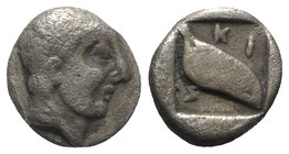 Macedon, Skione, c. 480-450 BC. AR Tetrobol (11mm, 2.13g, 6h). Male head r. R/ Human eye within incuse square. SNG ANS 708. Porous, near VF