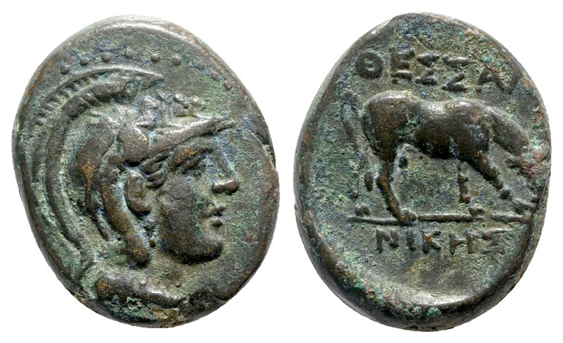 Macedon, Thessalonica, c. 187-31 BC. Æ (19mm, 6.11g, 12h). Helmeted head of Athe...