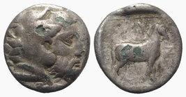 Kings of Macedon, Amyntas III (394/3-370/69 BC). AR Stater (21mm, 7.52g, 12h). Aigai mint. Head of Herakles r., wearing lion skin. R/ Horse standing r...