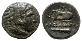 Kings of Macedon, Alexander III ‘the Great’ (336-323 BC). Æ Unit (18mm, 5.82g, 12h). Macedonian mint, 336-323 BC. Head of Herakles r., wearing lion sk...