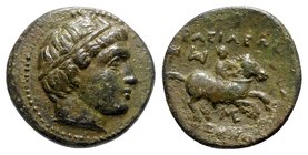 Kings of Macedon, Alexander III ‘the Great’ (336-323 BC). Æ Half Unit (17mm, 3.75g, 9h). Miletos, c. 323-319. Diademed head of Apollo r. R/ Horseman r...