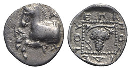 Thrace, Maroneia, c. 386/5-348/7 BC. AR Triobol (15mm, 2.39g, 6h). Posideos, magistrate. Forepart of horse r. R/ Grape bunch on vine within dotted squ...