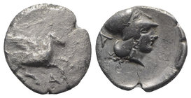 Epeiros, Ambrakia, c. 360-338 BC. AR Stater (21mm, 7.70g, 3h). Pegasos flying r.; A below. R/ Helmeted head of Athena r.; A behind. Pegasi 102; BMC 56...