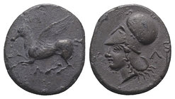 Akarnania, Leukas, c. 435-380 BC. AR Stater (21mm, 7.68g, 11h). Pegasos flying l.; Λ below. R/ Helmeted head of Athena l.; Λ and caduceus behind. Pega...