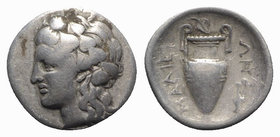 Thessaly, Lamia, c. 400-350 BC. AR Hemidrachm (15mm, 2.62g, 11h). In the name of the Malians. Head of Dionysos l., wearing ivy wreath. R/ Amphora; pro...