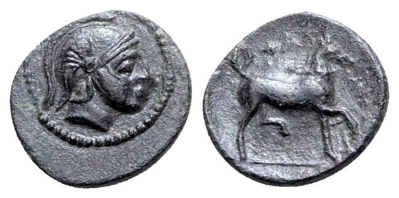 Thessaly, Phalanna, c. 370-350 BC. Æ Chalkous (13mm, 1.70g, 3h). Helmeted head o...