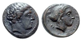 Thessaly, Phalanna, 4th century BC. Æ Chalkous (12mm, 2.35g, 3h). Youthful male head r. R/ Head of nymph r., wearing earring and necklace, hair in sak...