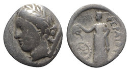 Thessaly, Pherai, c. 302-286 BC. AR Triobol (15mm, 2.54g, 12h). Laureate head of Hekate l.; torch behind. R/ The nymph Hypereia standing l., placing h...
