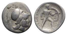 Lokris, Lokri Opuntii, c. 300-275 BC. AR Triobol (15mm, 2.53g, 6h). Helmeted head of Athena r. R/ Ajax advancing r., nude but for crested helmet, bran...