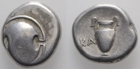 Boeotia, Thebes, c. 363-338 BC. AR Stater (22mm, 12.04g). Kalli–, magistrate. Boeotian shield. R/ Amphora; KA-[ΛΛI] across field; all within incuse co...