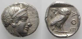 Attica, Athens, c. 454-404 BC. AR Tetradrachm (25mm, 17.22g, 3h). Helmeted head of Athena r. R/ Owl standing r., head facing; olive sprig behind; all ...