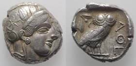 Attica, Athens, c. 454-404 BC. AR Tetradrachm (24mm, 17.25g, 3h). Helmeted head of Athena r. R/ Owl standing r., head facing; olive sprig behind; all ...