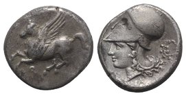 Corinth, c. 375-300 BC. AR Stater (21mm, 8.50g, 9h). Pegasos flying l. R/ Helmeted head of Athena l.; A below neck, wreath to r. Pegasi 403; BCD Corin...