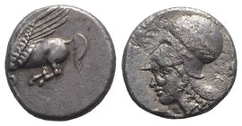 Corinth, c. 375-300 BC. AR Stater (20mm, 8.40g, 9h). Pegasos flying l. R/ Head of Athena l., wearing Corinthian helmet decorated with laurel wreath; u...