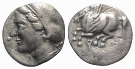 Corinth, c. 350-300 BC. AR Drachm (12mm, 2.29g, 1h). Pegasos flying l. R/ Head of Aphrodite l., wearing hair in sakkos; monogram behind. Cf. BCD Corin...