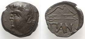 Cimmerian Bosporos, Pantikapaion, c. 304/3-250 BC. Æ (16mm, 2.97g, 12h). Wreathed head of Pan l. R/ Bow and arrow. MacDonald 116; HGC 7, 116. Brown pa...