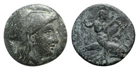 Asia Minor(?), Uncertain, c. 4th-3rd century BC. Æ (12mm, 2.14g, 6h). Helmeted head of Athena r. R/ Dolphin rider r., holding lyre. VF