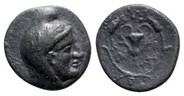Bithynia, Kios, c. 3rd century BC. Æ (13mm, 2.06g, 9h). Head of Mithras r., wearing a laureate tiara. R/ Kantharos with two grape vines within wreath ...